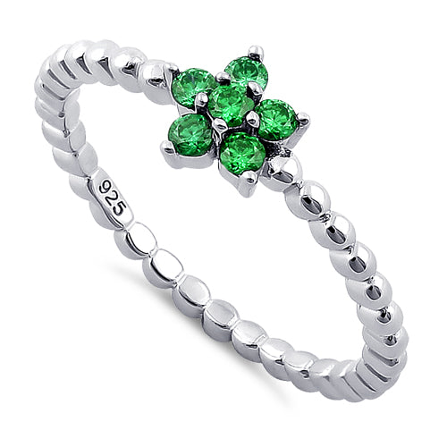 Sterling Silver Beaded Emerald Plumeria Flower CZ Ring