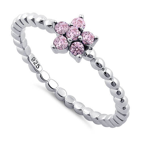 Sterling Silver Beaded Pink Plumeria Flower CZ Ring
