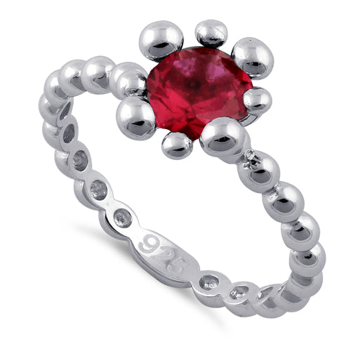 Sterling Silver Beaded Ruby Round CZ Ring