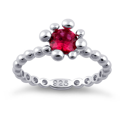 Sterling Silver Beaded Ruby Round CZ Ring