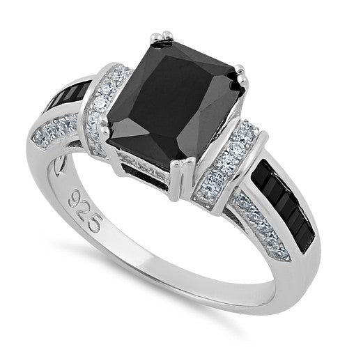 Sterling Silver Black Emerald Cut Black CZ Ring