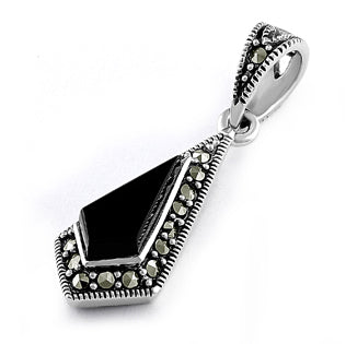 Sterling Silver Black Onyx Drop Marcasite Pendant