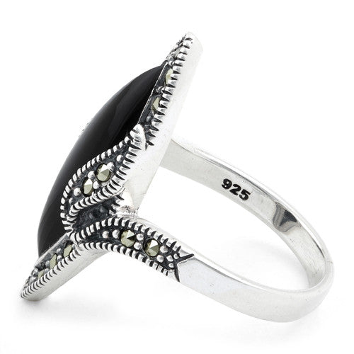 Sterling Silver Black Onyx Marquise Marcasite Ring
