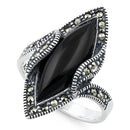 Sterling Silver Black Onyx Marquise Marcasite Ring