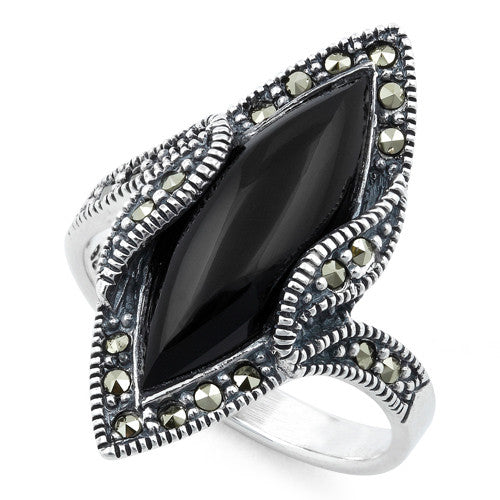 Sterling Silver Black Onyx Marquise Marcasite Ring