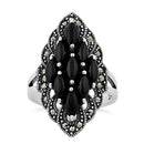 Sterling Silver Black Onyx Marquise Marcasite Ring