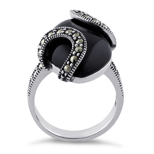 Sterling Silver Black Onyx Oval Wrap Marcasite Ring