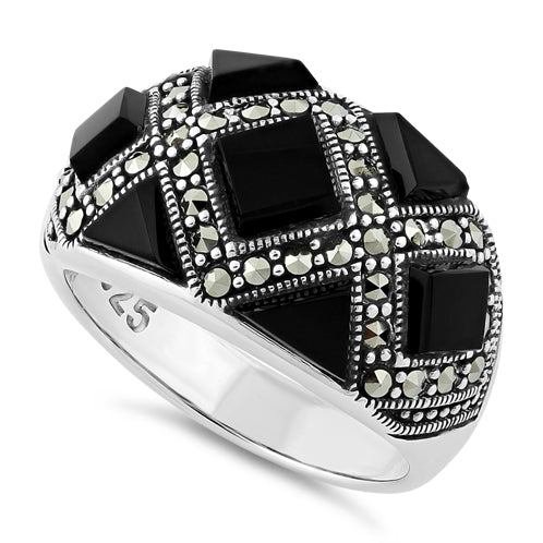 Sterling Silver Black Onyx Pattern Marcasite Ring