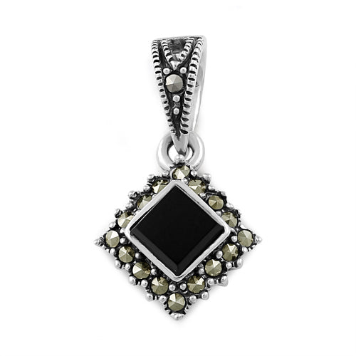 Sterling Silver Black Onyx Square Marcasite Pendant