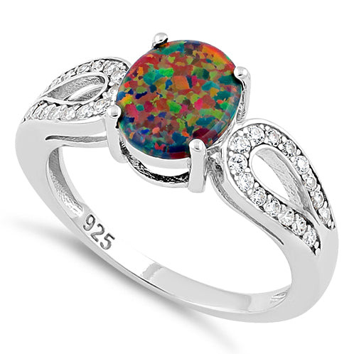 Sterling Silver Black Oval Lab Opal CZ Ring