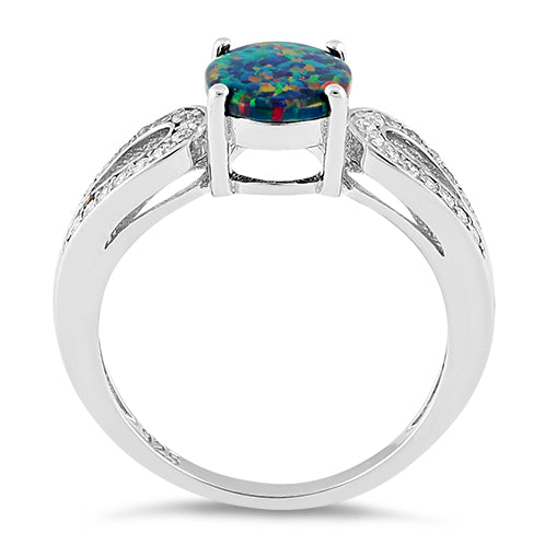 Sterling Silver Black Oval Lab Opal CZ Ring
