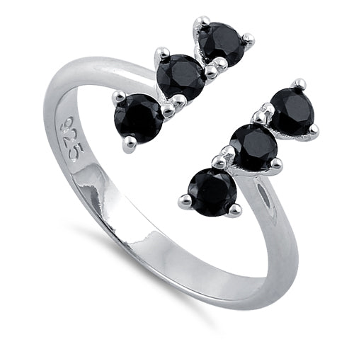 Sterling Silver Black Six Round Stones Adjustable CZ Ring