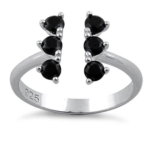 Sterling Silver Black Six Round Stones Adjustable CZ Ring