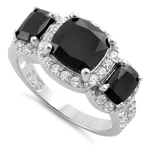 Sterling Silver Black Three Stone Halo CZ Ring