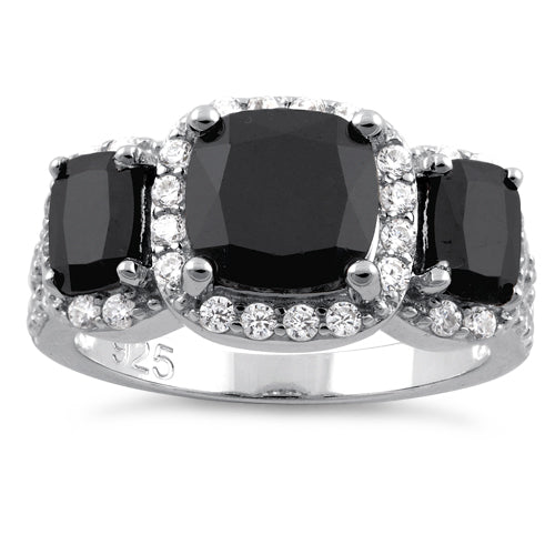 Sterling Silver Black Three Stone Halo CZ Ring