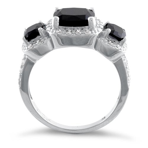 Sterling Silver Black Three Stone Halo CZ Ring