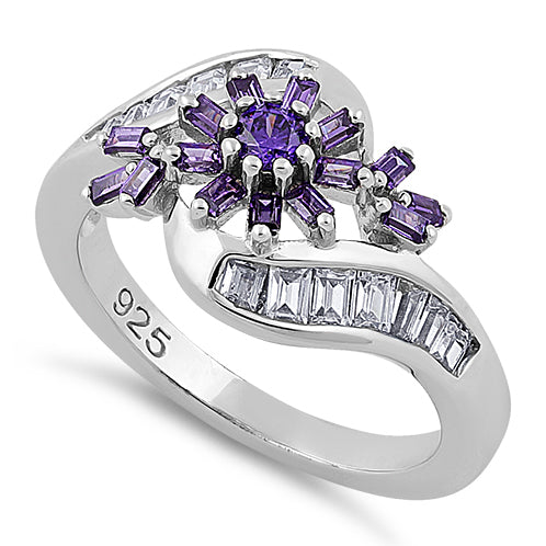 Sterling Silver Blooming Flower Amethyst CZ Ring