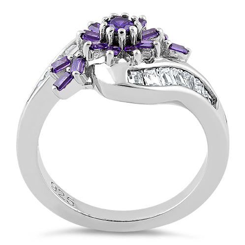 Sterling Silver Blooming Flower Amethyst CZ Ring