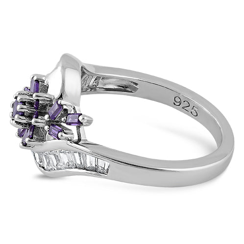 Sterling Silver Blooming Flower Amethyst CZ Ring