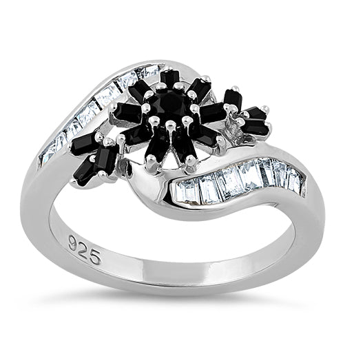 Sterling Silver Blooming Flower Black CZ Ring