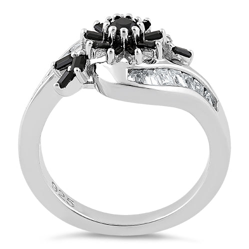 Sterling Silver Blooming Flower Black CZ Ring