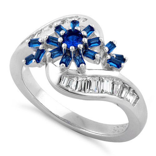 Sterling Silver Blooming Flower Blue Sapphire CZ Ring