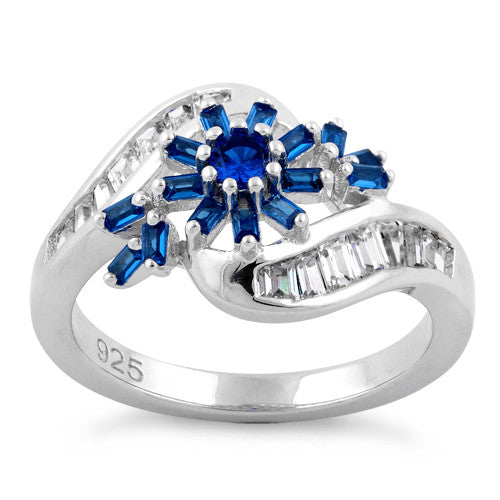 Sterling Silver Blooming Flower Blue Sapphire CZ Ring