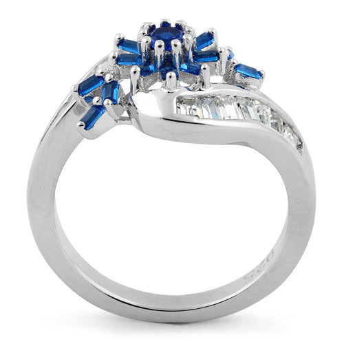 Sterling Silver Blooming Flower Blue Sapphire CZ Ring