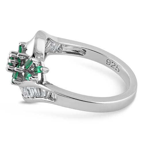 Sterling Silver Blooming Flower Emerald CZ Ring