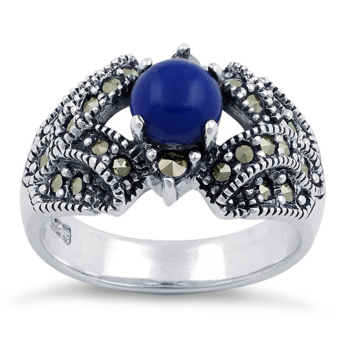 Sterling Silver Blue Lapis Elegant Marcasite Ring