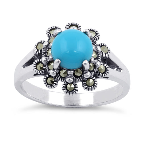 Sterling Silver Simulated Turquoise Flower Marcasite Ring