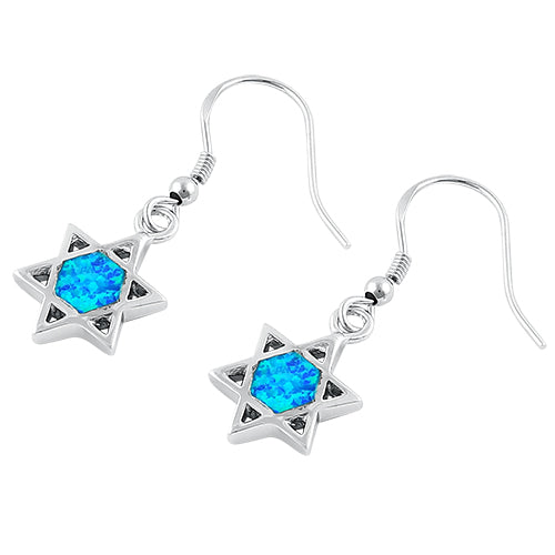 Sterling Silver Blue Lab Opal Star of David Hook Earrings