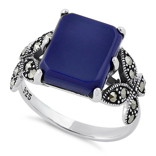 Sterling Silver Blue Lapis Square Butterfly Marcasite Ring