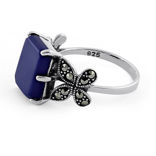 Sterling Silver Blue Lapis Square Butterfly Marcasite Ring