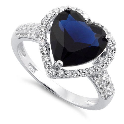 Sterling Silver Blue Sapphire Heart Halo CZ Ring