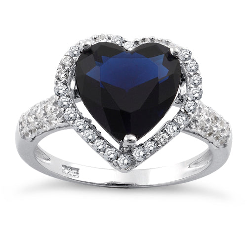 Sterling Silver Blue Sapphire Heart Halo CZ Ring