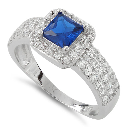 Sterling Silver Blue Sapphire Princess Cut Pave CZ Ring