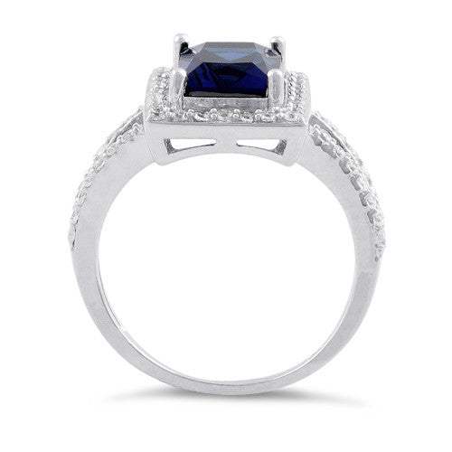 Sterling Silver Blue Sapphire Rectangular Halo CZ Ring