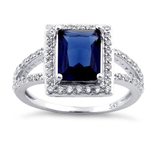Sterling Silver Blue Sapphire Rectangular Halo CZ Ring