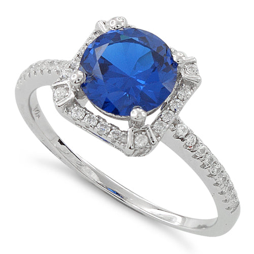 Sterling Silver Blue Sapphire Round Halo Pave CZ Ring