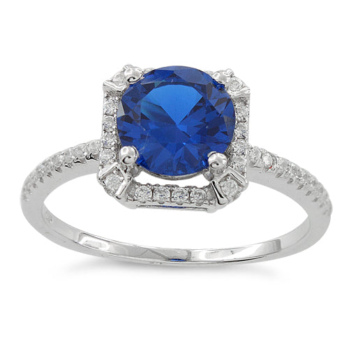 Sterling Silver Blue Sapphire Round Halo Pave CZ Ring