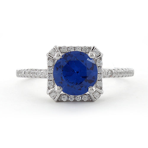 Sterling Silver Blue Sapphire Round Halo Pave CZ Ring