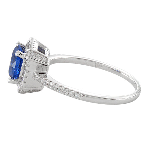 Sterling Silver Blue Sapphire Round Halo Pave CZ Ring