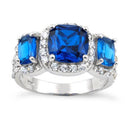 Sterling Silver Blue Sapphire Three Stone Halo CZ Ring