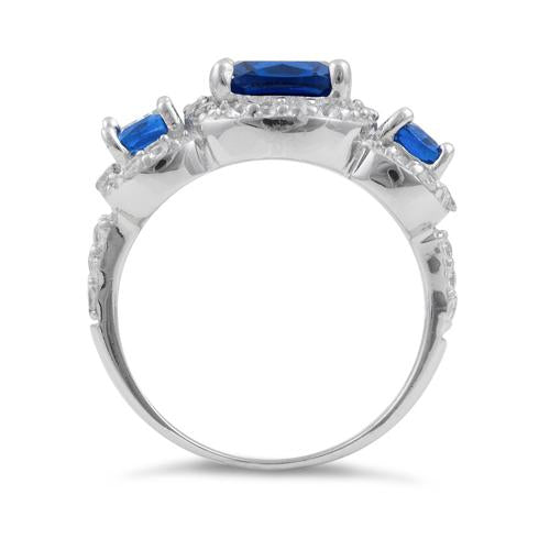 Sterling Silver Blue Sapphire Three Stone Halo CZ Ring
