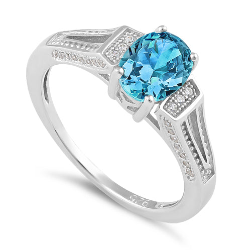 Sterling Silver Blue Topaz Oval Cut CZ Ring