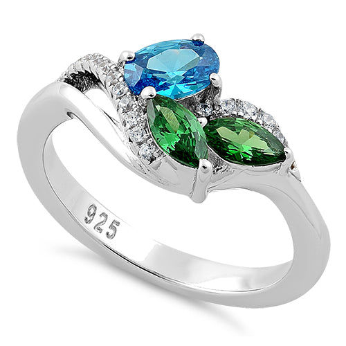 Sterling Silver Blue Topaz Oval Emerald Marquise CZ Ring