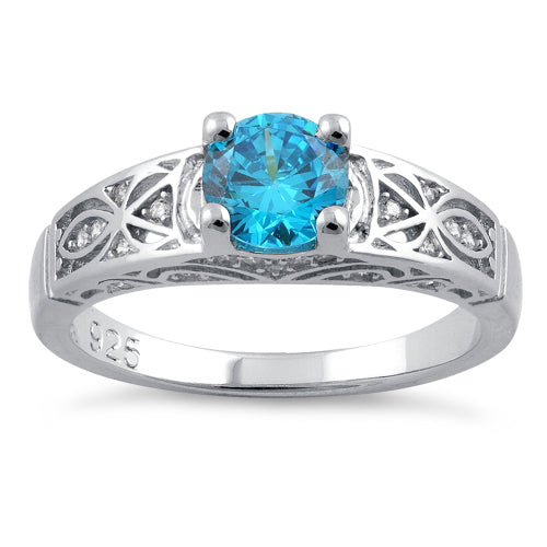 Sterling Silver Aqua Blue Round Cut Engagement CZ Ring