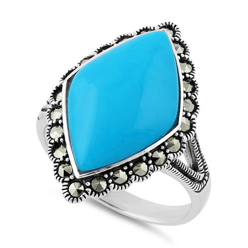 Sterling Silver Simulated Turquoise  Diamond Shape Marcasite Ring