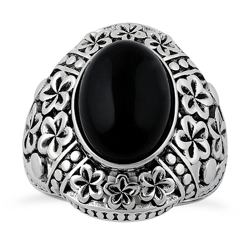 Sterling Silver Bold Plumeria Black Agate Ring